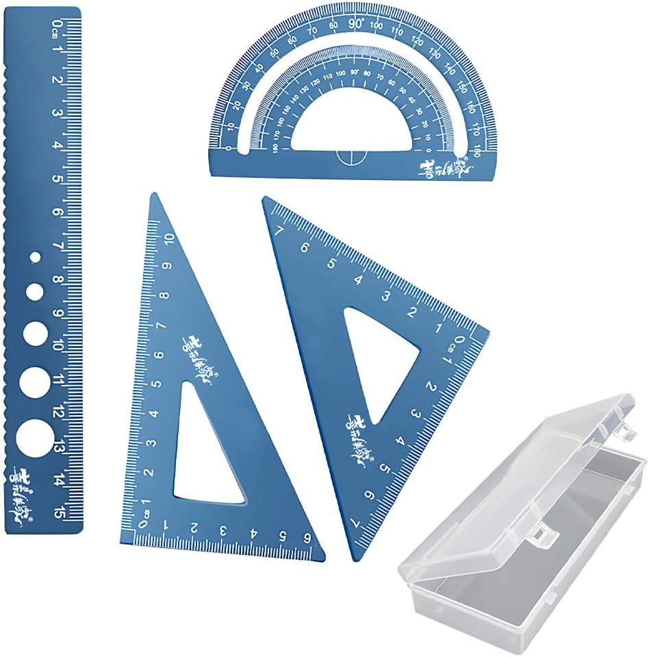 Technical Drawing Geometry Sets 4 PCS, Requerre, 15cm Slat,Metal Architects Scale Ruler Set, Mathematical Geometry Tool, Protractor, Triangular