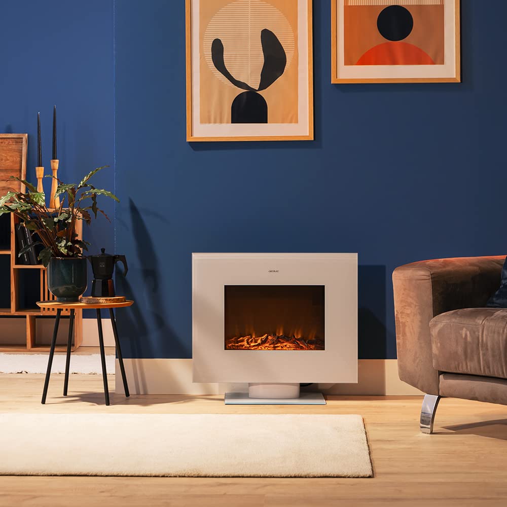 Cecotec Camino Elettrico Decorativo 26” con Telecomando ReadyWarm 2710 Design Flames White. Massima Potenza 2000W, 2 Intensità, Pannello Piatto Cristallo Temperato, Fiamma Regolabile, Timer