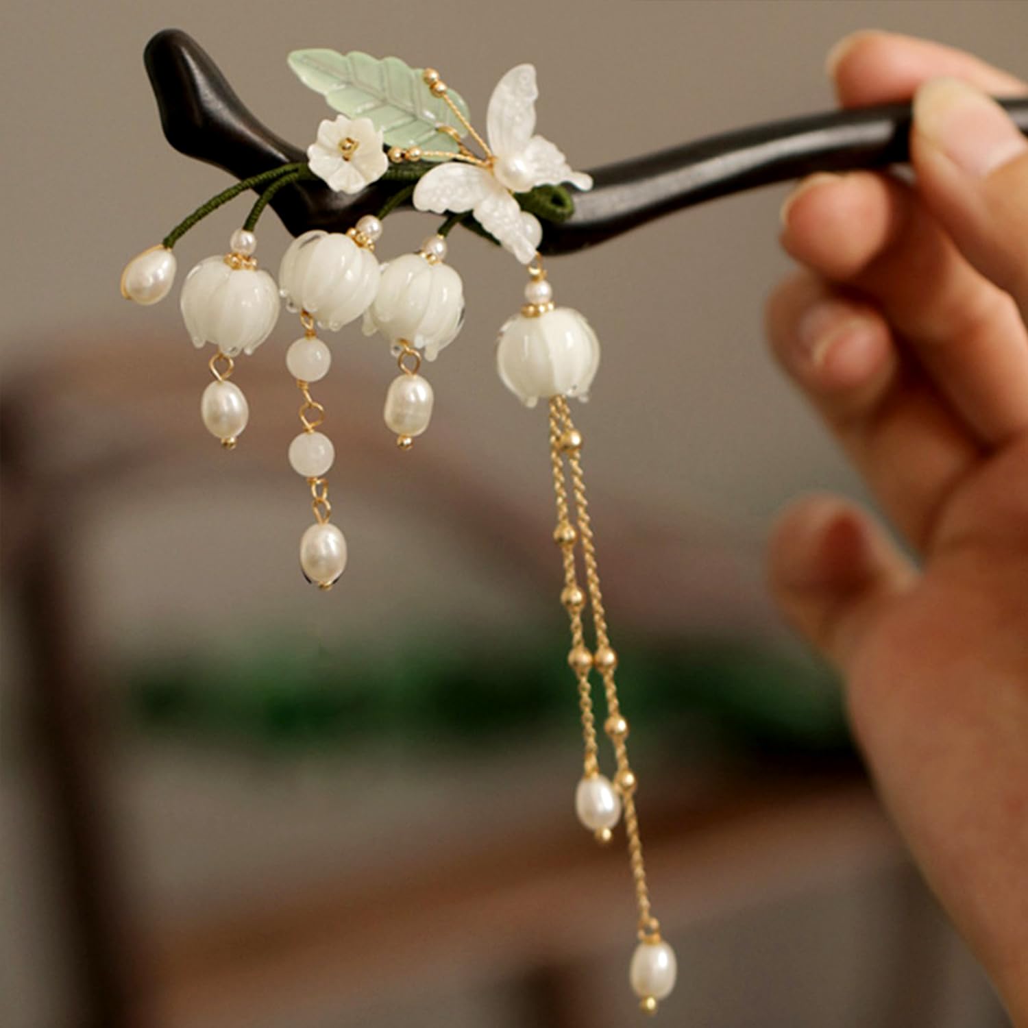 Lilies of the Valley Bell Orchid Pearl Tassel Hair Stick, Butterfly Flowers Hair Chopsticks Hairpin - Image 4