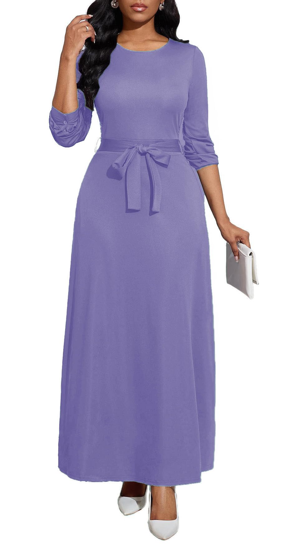 BubFee Long Dress for Women Casual Long Sleeve Dresses Maxi Dress Empire Waist Loose with Belt