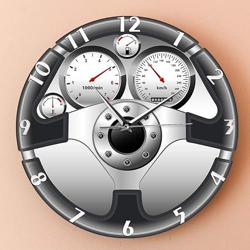 Miniatura 3 de The Geeky Days Reloj de pared de cuarzo silencioso con volante y tablero de instrumentos deportivo, diseño de automóvil, decoración del hogar,