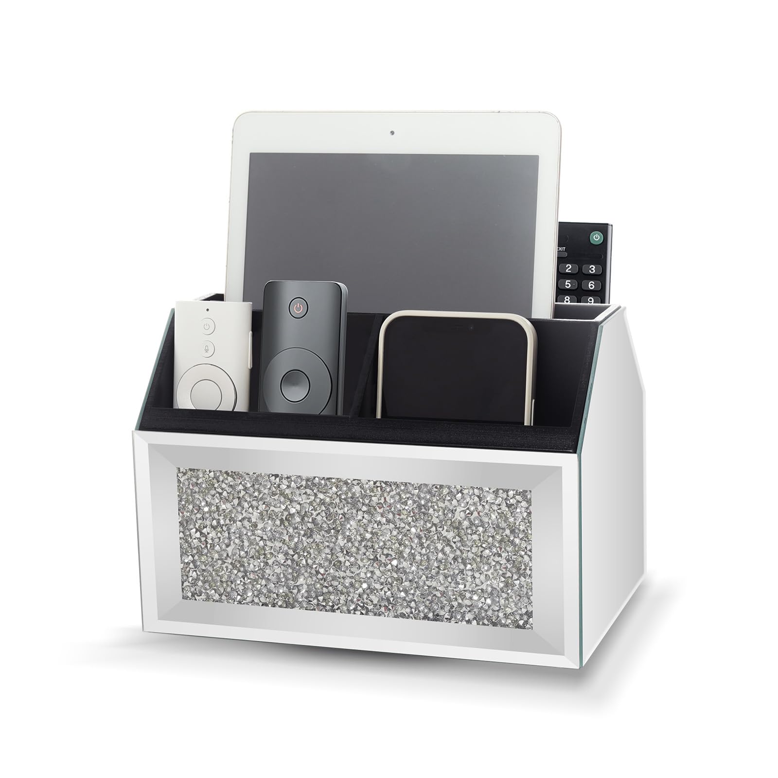 SWTHONY 360 Rotating TV Remote Control Holder Storage Caddy for Pad Phone Pen and Pencils, Makeup Brush, Silver Crushed Diamond Desk Organizer for