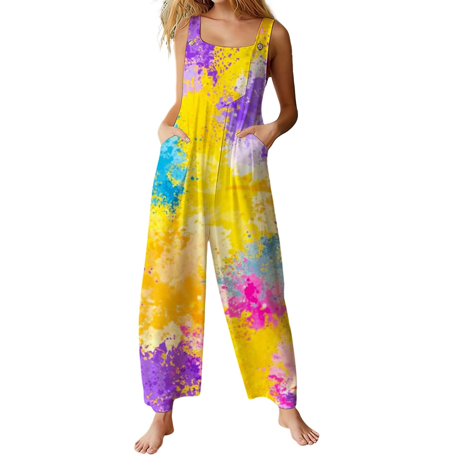 Salopette élégante pour femme avec motif batik - Pantalon long avec poches latérales pratiques - Coupe décontractée - Style bohème - Fleurs - Grenouillère large - Combinaison d'été