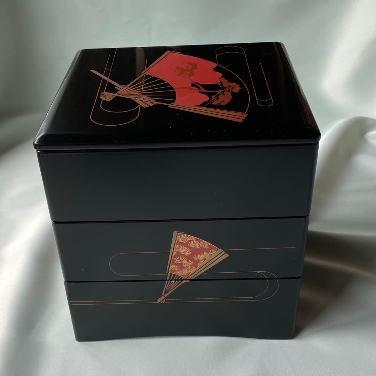 三段重箱 木製 黒 梅、竹模様 和食器 会津漆器 会津塗り お重