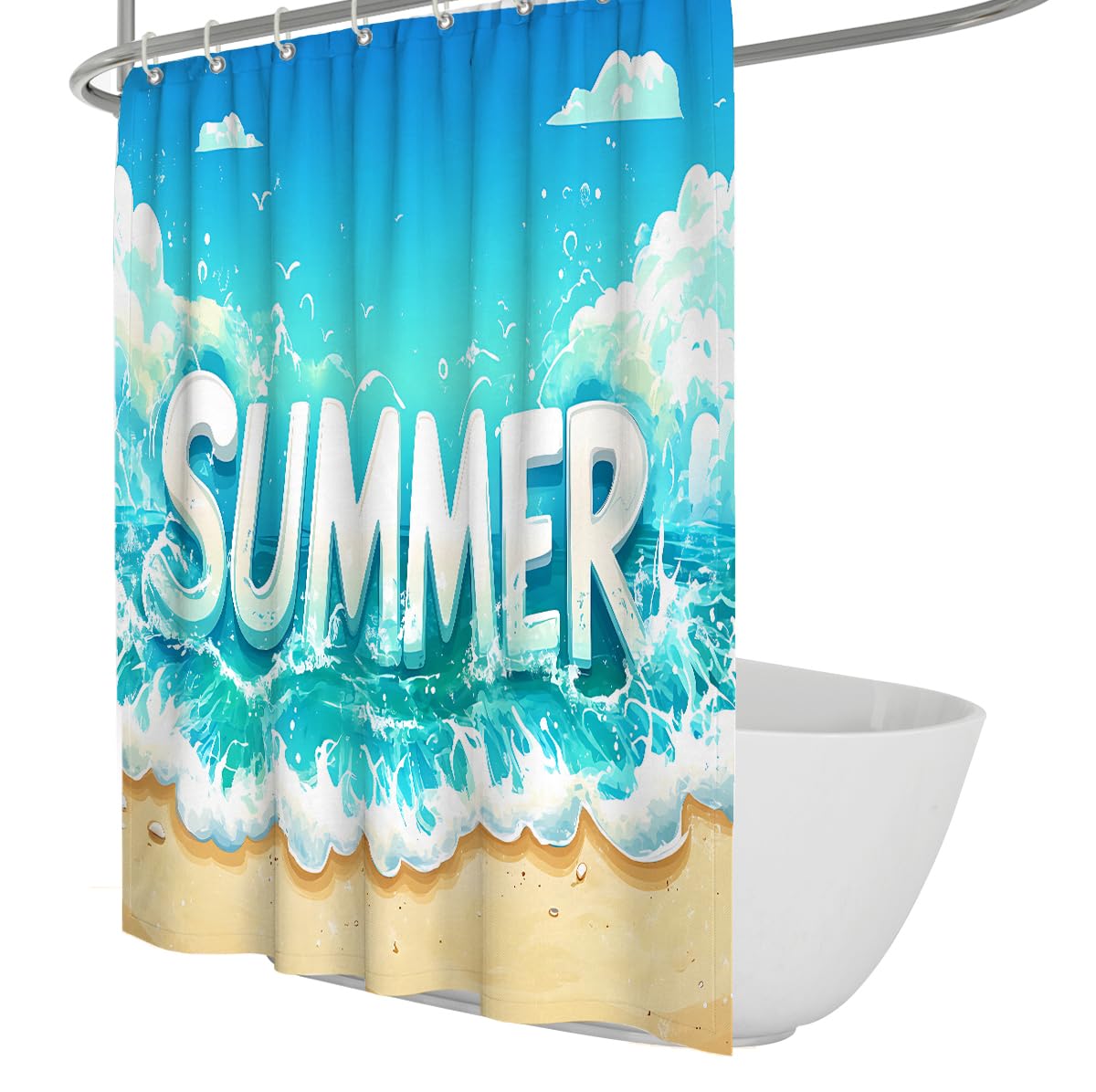UERWOWELL Sunny Beachside Vacation Shower Curtain Refreshing Turquoise Water Nature Scene Bath Curtain Modern Home Bathroom Decoration Waterproof W120xL200 cm