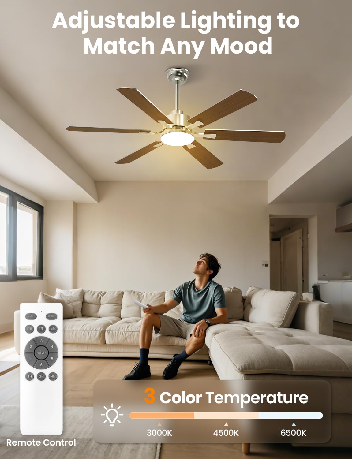Ventilatore da Soffitto con Luce, 132cm Grande Ventilatore Soffitto con Luce e Telecomando, LED Lampadario Ventilatore con Silenzioso Reversibile DC Motore per Camera da Letto, Soggiorno
