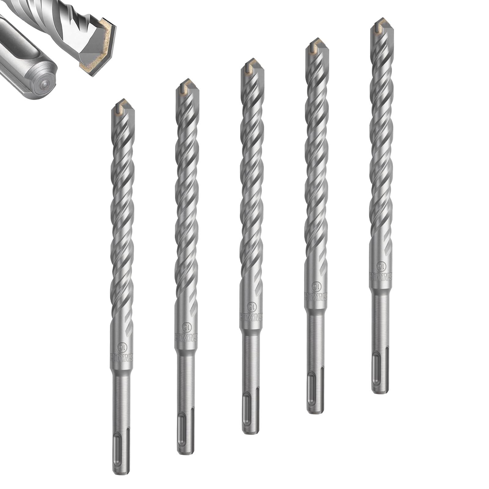 GEINXURN 16mm x 210mm SDS Plus Rotary Hammer Drill Bits, 5PCS Double Thread Masonry Drill Bits Set Carbide Tipped, Drilling in Brick, Stone and Concrete, Cement Walls