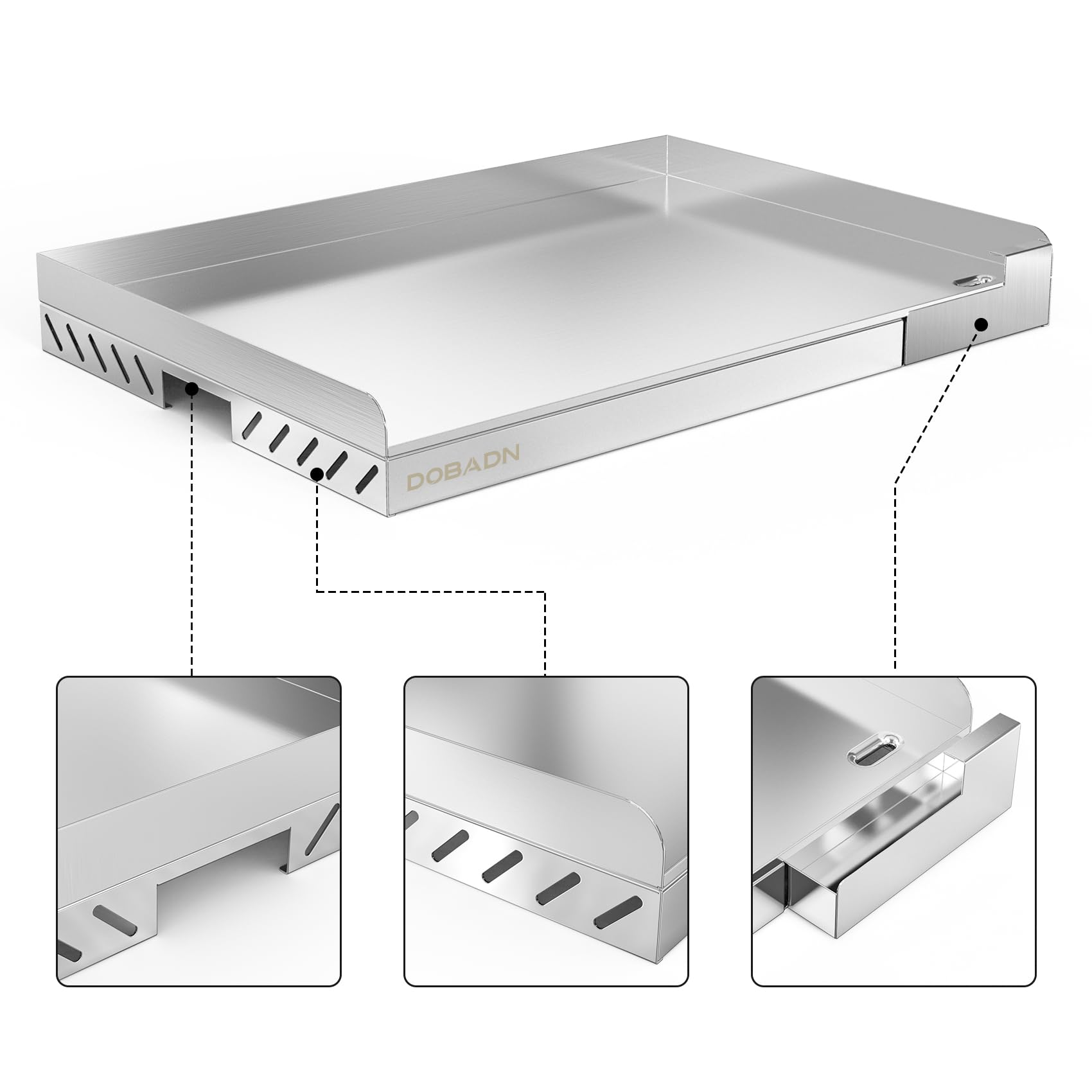 Universelle Edelstahl Grillplatte, 58.3 x 40.5 x 7 CM | Plancha mit Abflussloch und Herausnehmbarer Tropfschale für Die Meisten Gas- und Holzkohlegrills