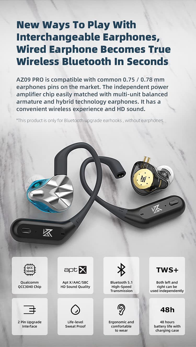 CCA KZ AZ09 PRO Módulo Bluetooth, Cable IEM con Apt X Wireless Ear Hooks, Resistente al Agua 5.1 con Micrófono para ZS10 PRO/ZSN Pro