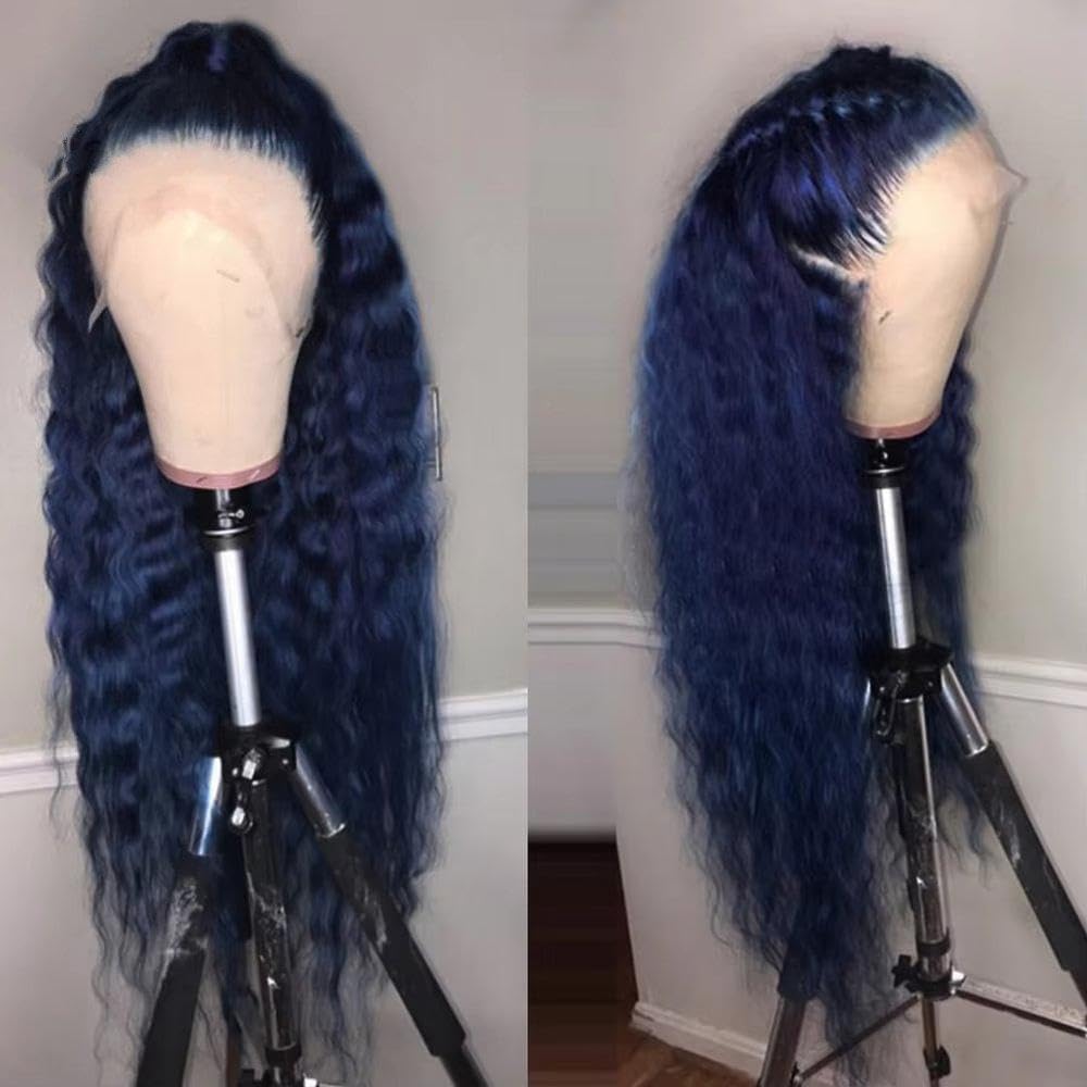 Haarpflege 26 Zoll Dunkelblaue Lange Wasserwellen-Lace-Front-Perücke Für Schwarze Frauen Mit Natürlichem Haaransatz(22inches)