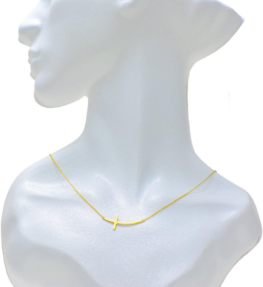 14K Yellow Gold Horizontal Curved Cross Necklace