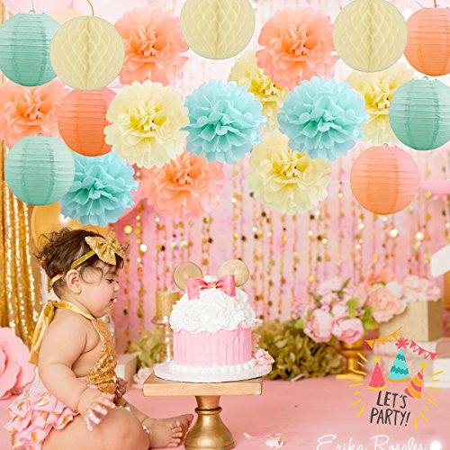EPIQUEONE Tissue Paper Pom Poms & Lantern Party Decorations - 22-Piece Set, Mint, Ivory & Peach - Hanging Puff Balls & Party Garland Puffs - Reusable & Easy to Fluff - Image 3