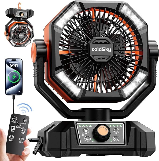 coldSky multifunctional battery rechargeable fan, equipped with four LED lights for illumination, 20000mAh battery can be used as a backup mobile power source, Home/outdoor 2-in-1 fan (BlackOrange) (B0D9665B3Y) Amazon Price History, Amazon Price Tracker