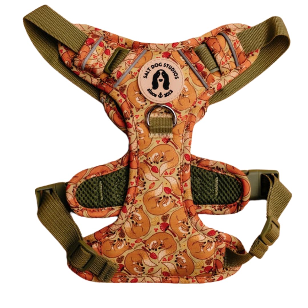 Woodland Dog Harness, Adjustable Mesh Harness for small, medium & Large Dogs, Lightweight Comfortable Harness with Front & Back D-Rings by Salt Dog Studios (Foxes, Small)