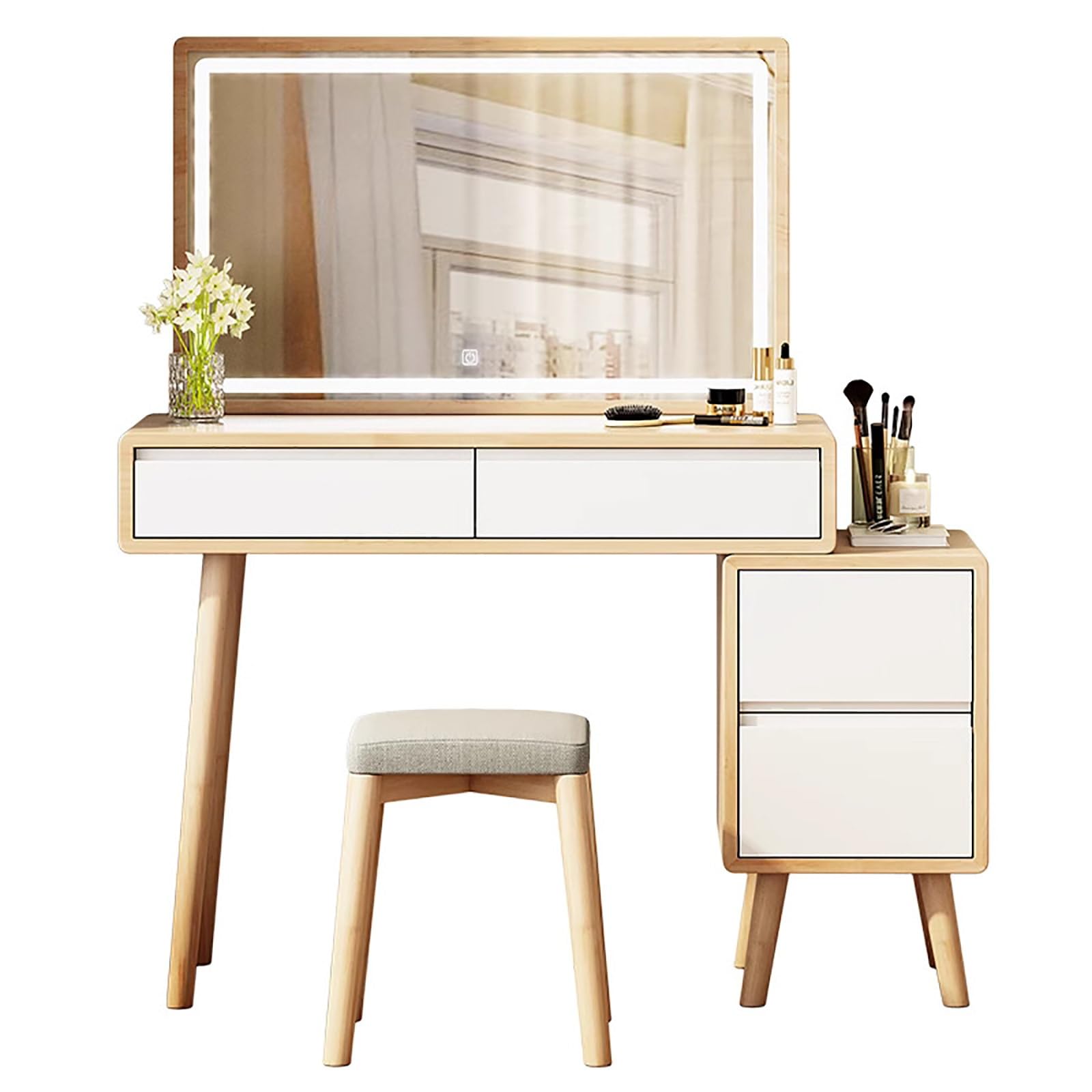 Toeletta Trucco Con Luci E Sgabello Legno Massiccio Mobile Da Trucco Con Specchio E Cassetti Ragazze Postazione Trucco Con Armadio Laterale Design Della Maniglia Incassata Facile Da Spingere E Tirare(