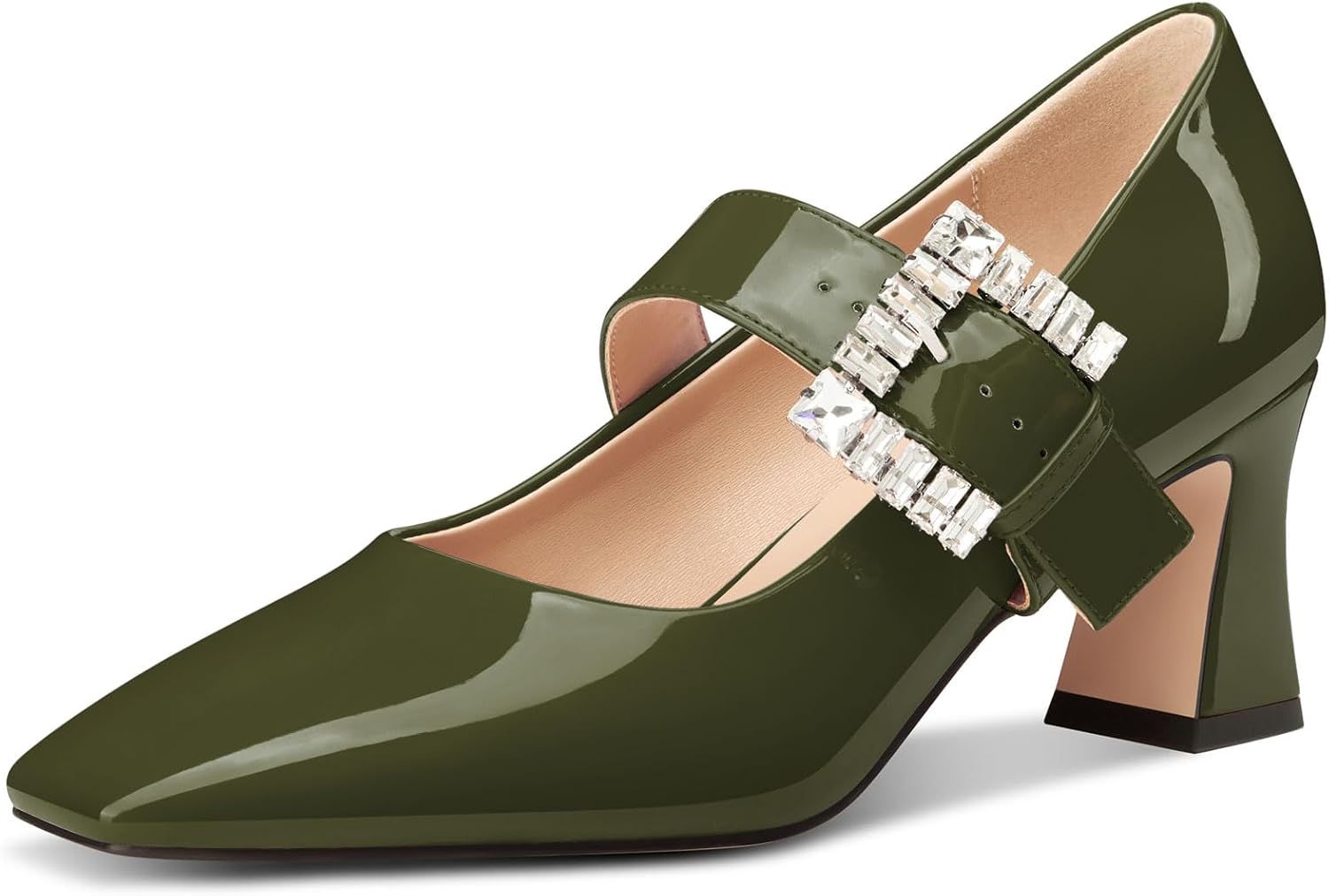 NobleOnly Mary Jane Shoes Womens Mid Chunky Block Heel Ankle Strap Dress Pumps Close Square Toe Pumps Rhinestone Buckle 2.8 Inches Heels