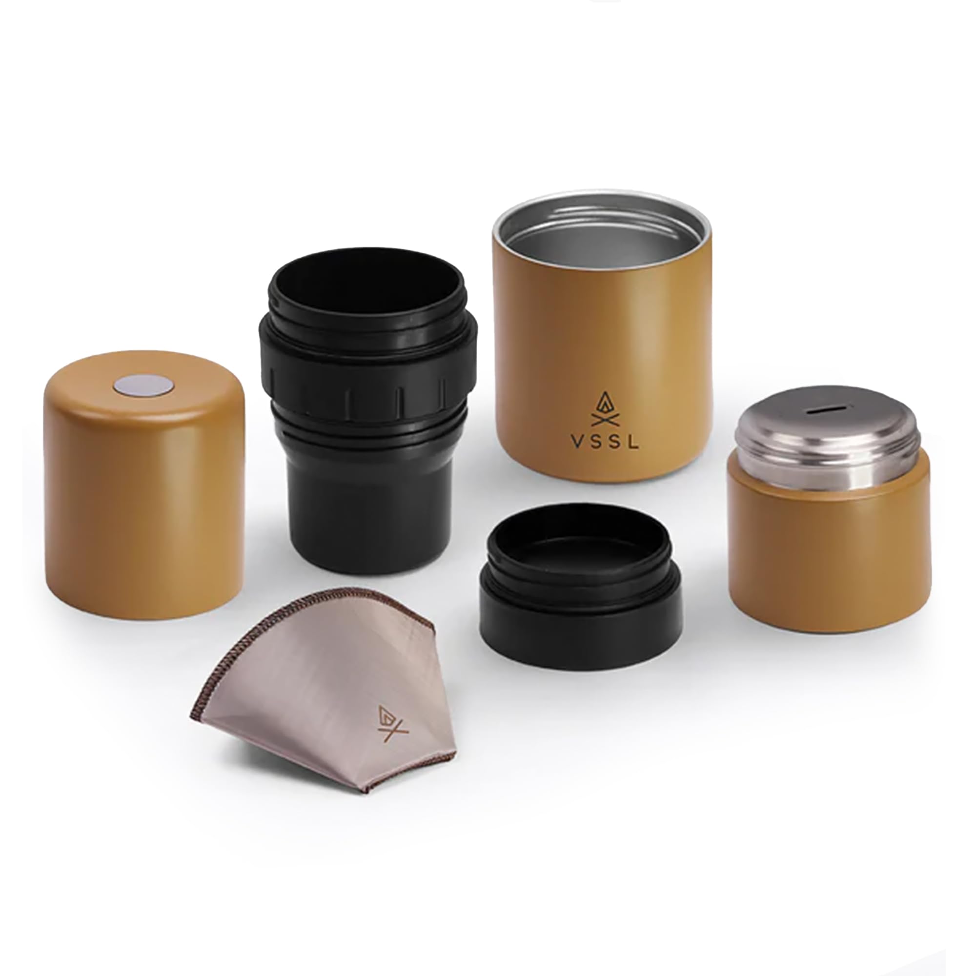 VSSL - Nest Pour Over Kaffee-Set, Kaffeemaschine für Camping, All-in-One Travel Pour Over, transportabler Tropfer, zwei 284 ml Edelstahl-Reisebecher, kompakte Aufbewahrung und Abenteuer bereit, Sahara