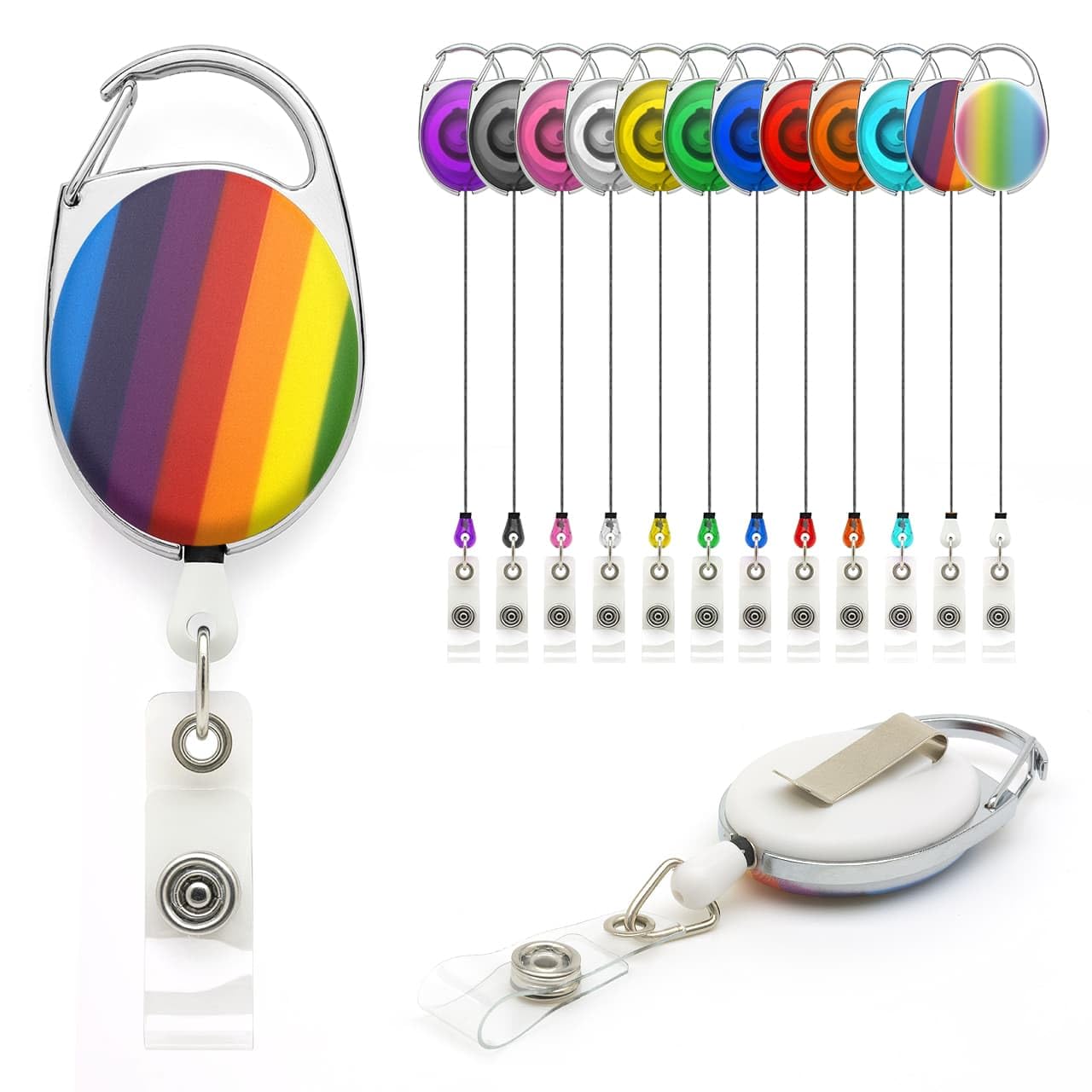 Rainbow YoYo Retractable Reel Holder - by Lanyards Tomorrow Extending extendable Ski ID Identification Pass Badge Card Holders Security Access Control Carabiner with Metal Back Belt Clip Pack of 100 — image 1