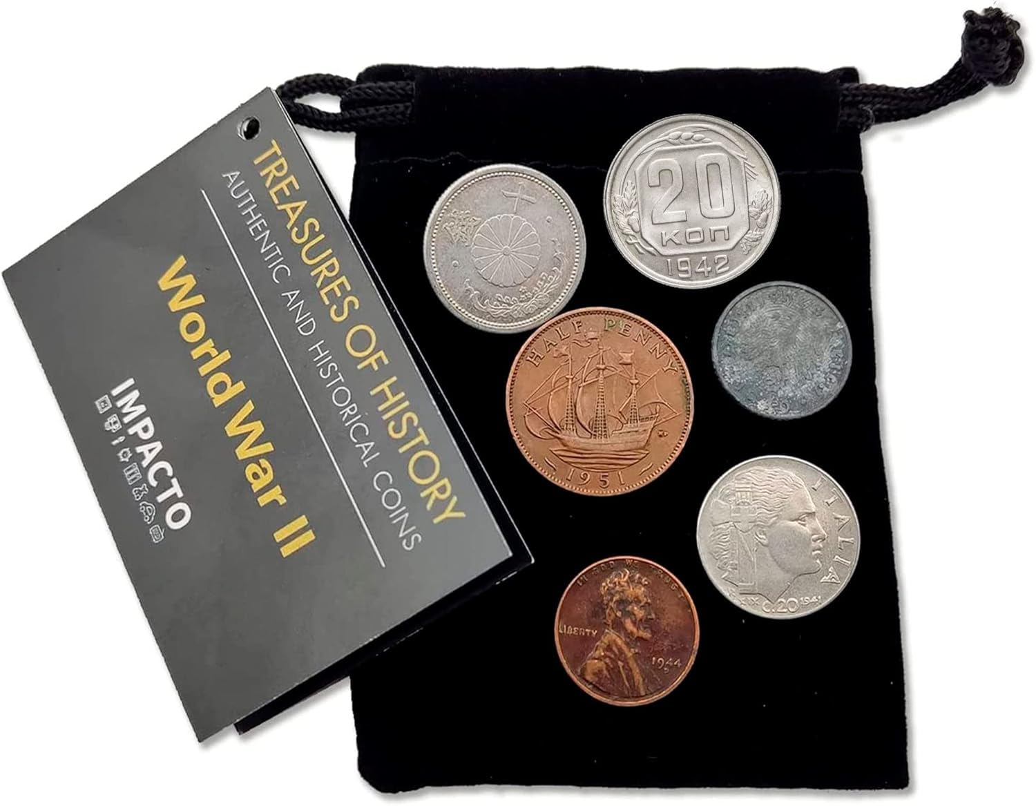 IMPACTO COLECCIONABLES | Aliados y Eje Colección de 6 Monedas Auténticas de la Segunda Guerra Mundial – Lote Históricos Original en Bolsa de Terciopelo con Certificado de Autenticidad