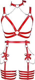 BANSSGOTH Womens Harness Leather Body Chain Bowknot Lingerie Garter Belts Set Hollow Out Christmas Dance Fashion Clothing