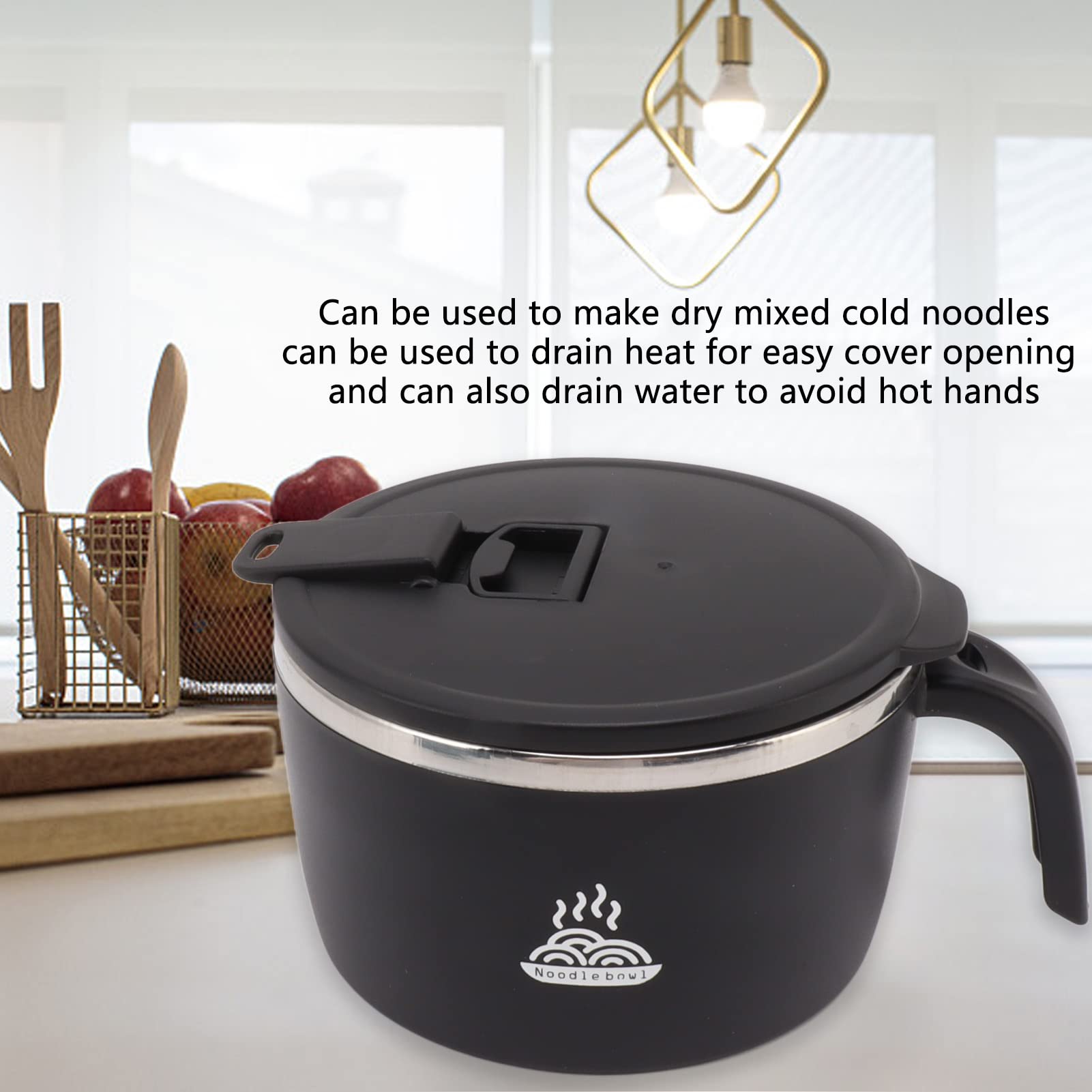 gernie Tazón de Fideos Instantáneos, Tazón de Ramen Instantáneo de Acero Inoxidable de 900 Ml con Tapa y Soporte para Teléfono Tazón de Sopa de Fideos Instantáneos, Cocina de Fideos
