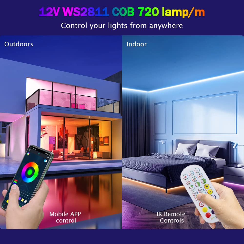 Striscia LED COB indirizzabile RGB WS2811 IC 12V con controllo APP musicale Bluetooth 5050 LED Pixel Rope Light, 720 LEDs/M Striscia LED tagliabile CRI 90+, adatta per feste fai da te[3M|RGB]