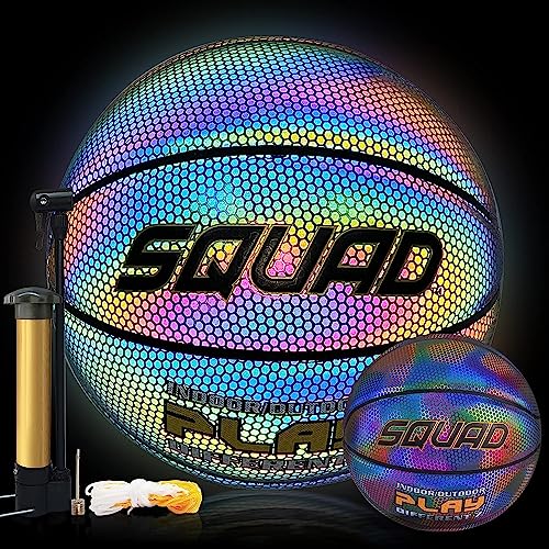 SQUAD NightPlay Reflective Basketball Size 5 Size 7 - Cool Holographic Glow Basketball for Night Game Ideal Gift for Boys Girls 10-14 Year Old Cool Teen Toys