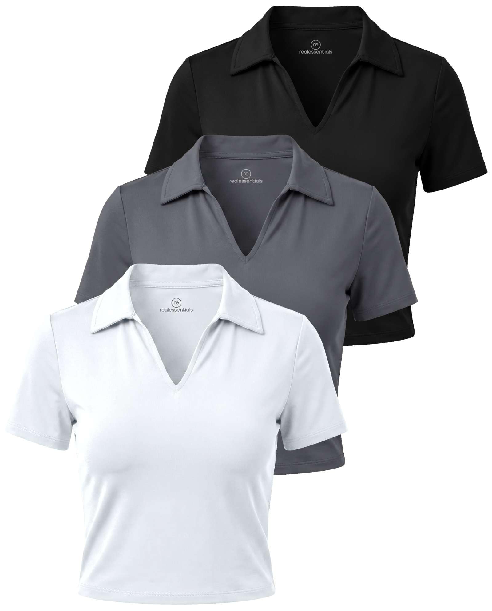 Photo 1 of Real Essentials 3 Pack: Women's V Neck Crop Polo Shirts - Short Sleeve Sweater Dry Fit Golf Athletic Workout Collared Tops- Set 2, S
