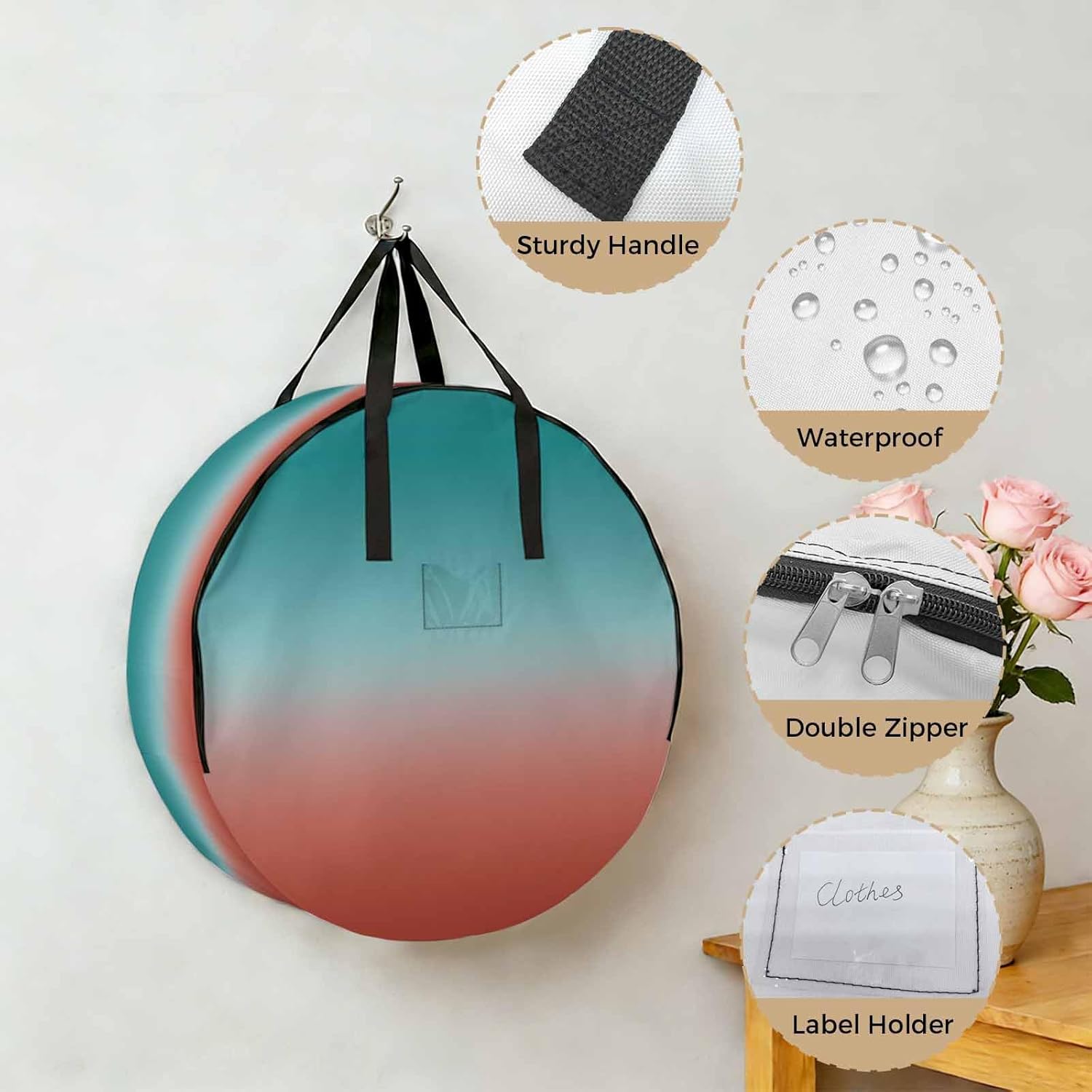 Red Cyan Round Storage Bag 36 Inch, Turquoise Gradient Clothes Storage Container with Handles Heavy Duty Organizer for Comforter, Bedding & Holiday Wreaths