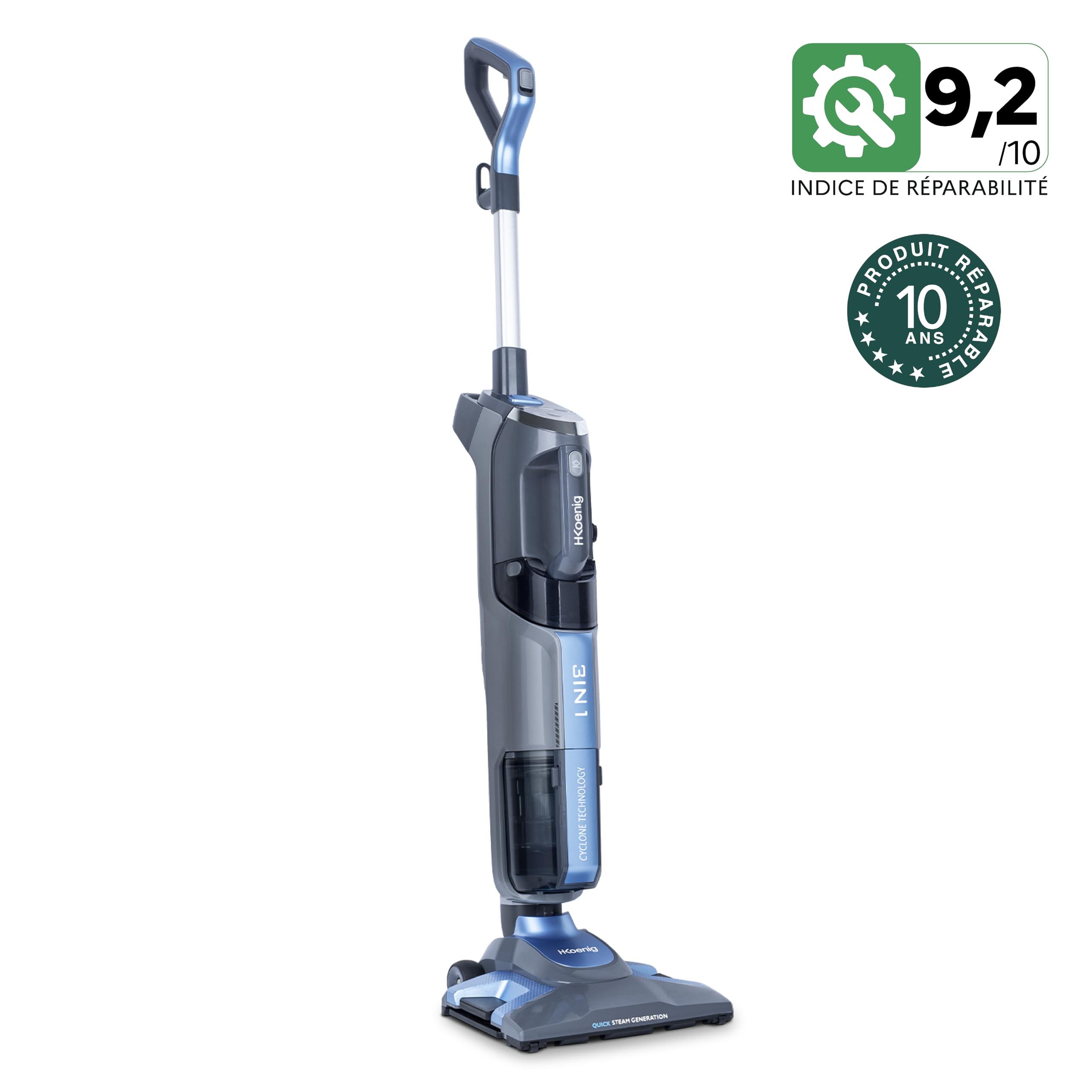 H.Koenig Aspirador de Vapor Multifunción 3 en 1 ARYA600, Mopa a Vapor, Potente, Presión de vapor 4 bar, Sin Bolsa, 3 niveles de vapor, Todos los suelos, Tecnología Ciclónica, 1800W