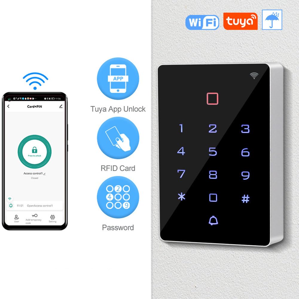 WiFI Tuya Fernzugriffskontrolle, IP68 wasserdicht,Touch-Tastatur mit Hintergrundbeleuchtung,2000 Benutzer,unterstützt WG26/34 + 10 Stück 13,56 MHz-Schlüsselanhänger