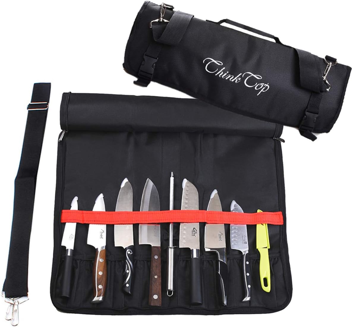 ThinkTop Chef's Knife Roll Bag (13 Slots) Padded with Shoulder Strap, Holds 8 Knives Meat Cleaver, Knife Steel, 4 Utensil Pockets for Spoons, A Zipped Mesh Pouch for Tools，Knife Carrier Holder
