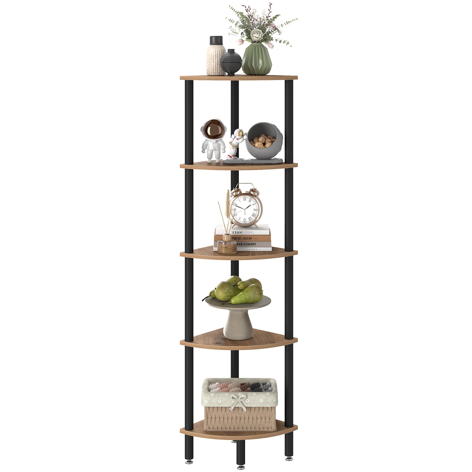 IBUYKE 5 Tier Corner Shelf Stand,Industrial Corner Display Rack,Corner Bookshelf for Living Room, Bedroom, Kitchen, Home Office, Oak WBC010K