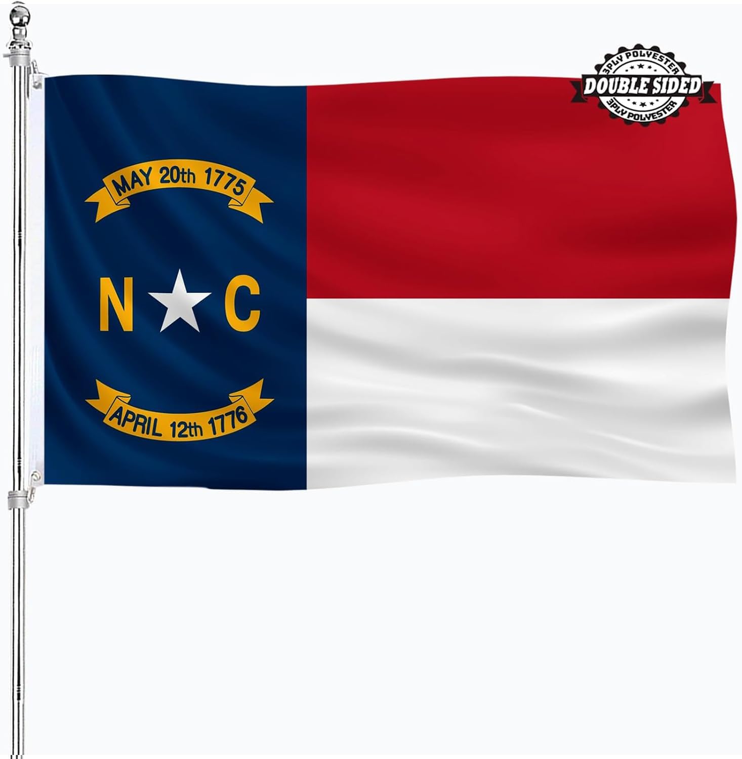 North Carolina State Flag 3x5 Outdoor Double Sided NC Flags Heavy Duty 3 Ply Polyester Material with 2 Metal Grommets 4 Rows of Stitching