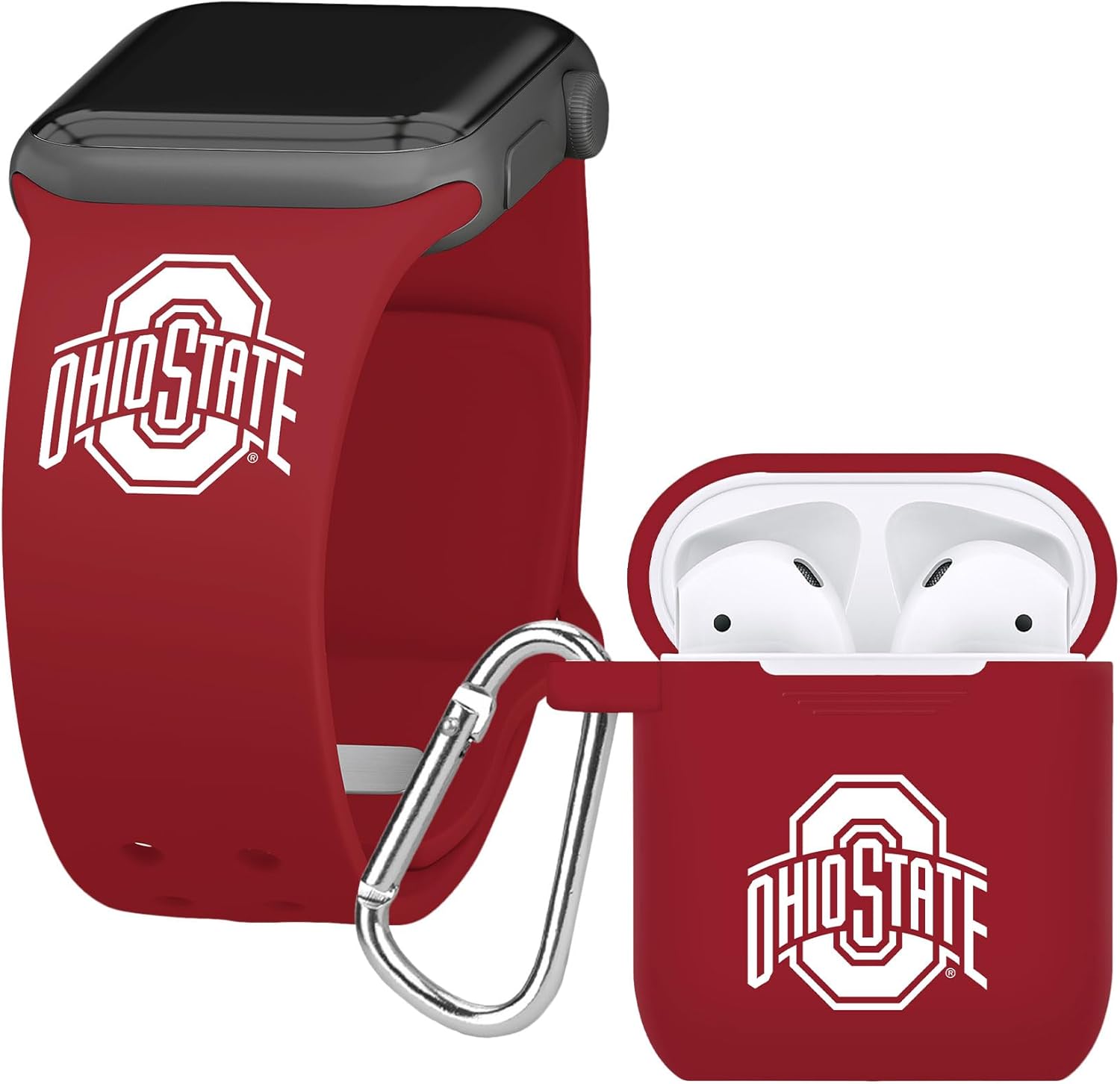 AFFINITY BANDS Ohio State Buckeyes Silicone Sport Band and Case Cover Combo Package Compatible with Apple Watch and AirPods Gen 1 & 2 (42/44/45/49mm (46mm Series 11) Crimson)