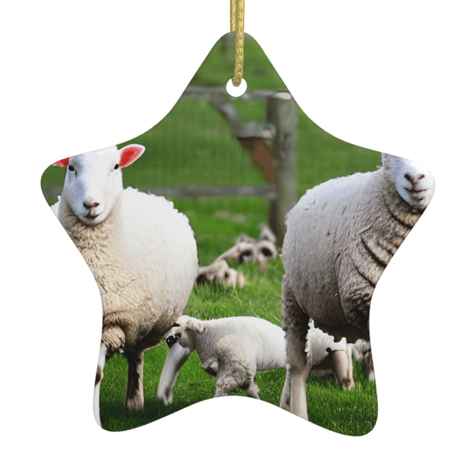 Nbtghga White Sheep And Lambs Print Christmas Ornaments, Ceramic Hanging Ornament, Round Shape Decorations