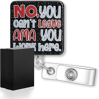 No You Can't Leave AMA You Work Here Funny Glitter Badge Reel, Retractable Badge Holder for RN CNA LVN Healthcare Nurse Doctor Medical Assistant, Graduation Gift for RN Nursing Student