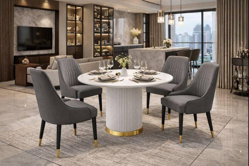 Image of 4 Seater Dining Table Set with 4 Chairs,2yr Warranty - Round Marble Dining Table (91x91x76 cm) - White Marble Top, Solid Wooden Base, Upholstered Chairs with Sheesham Wood Legs - Grey