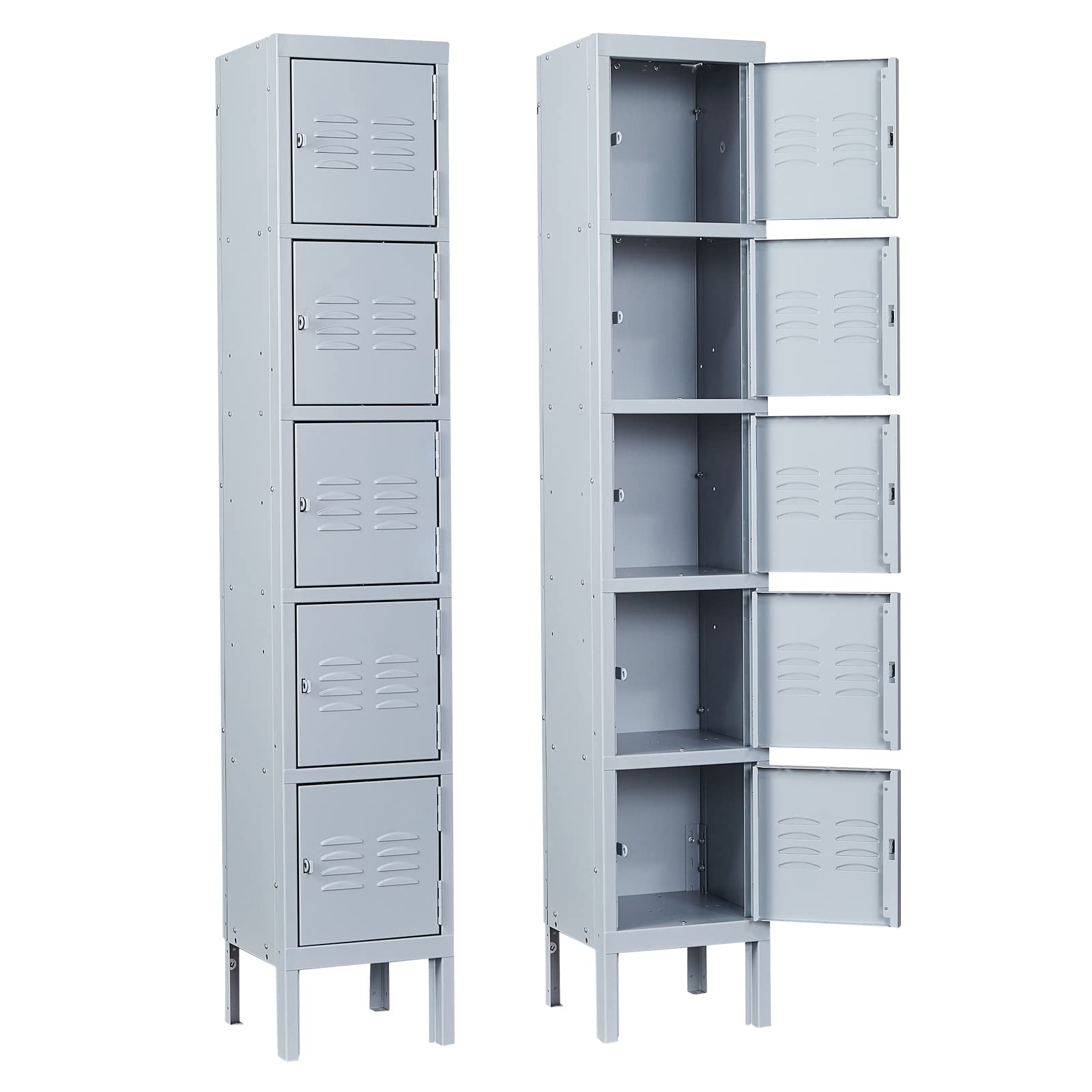 Metal Locker with 5 Doors, 5 Tier Steel Storage Lockers for School, Home, Office, Gym (Grey)