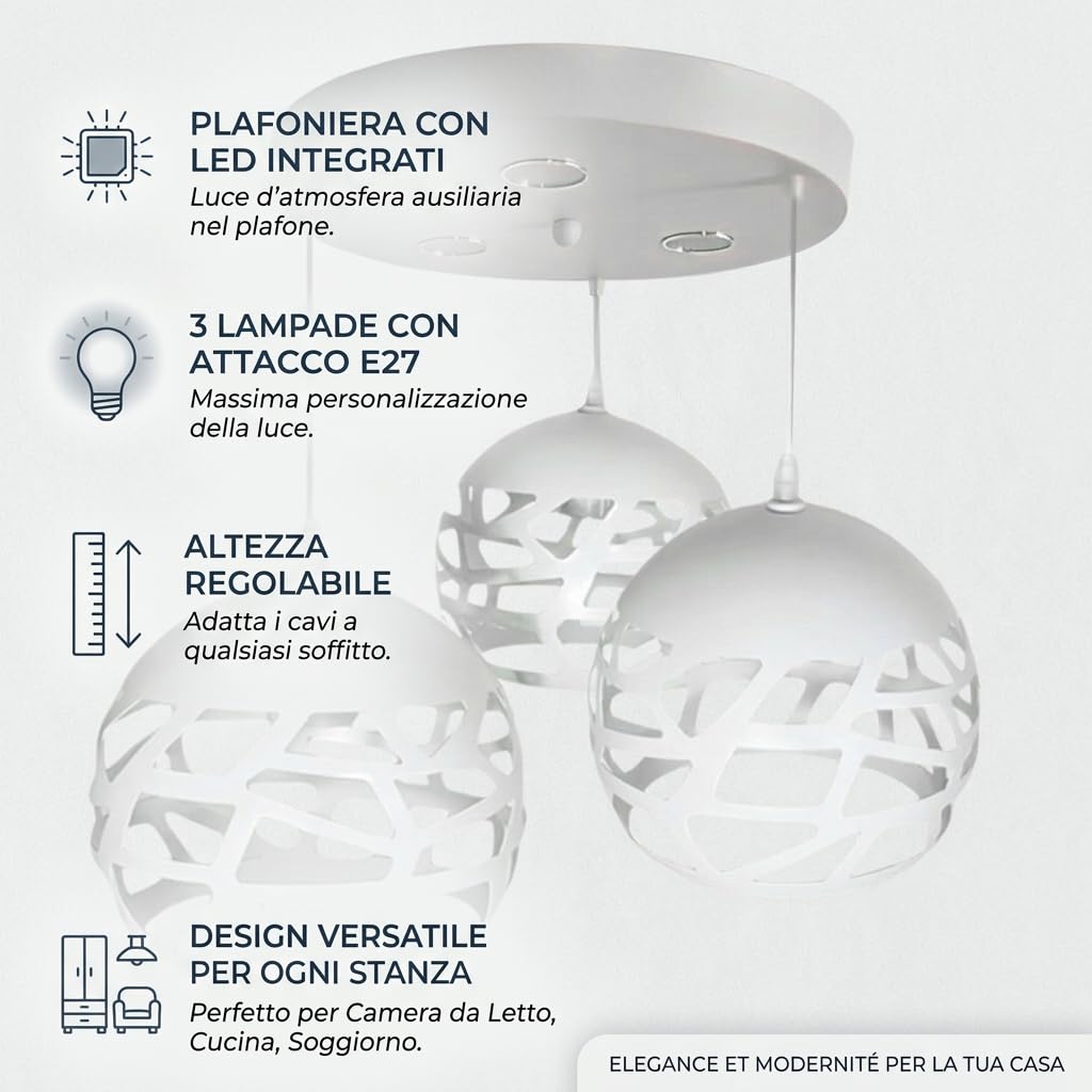 MAKA Lampadario a Sospensione Soffitto 3 Lampade E27 Sospese Moderno Regolabile per Camera da Letto Cucina Soggiorno Plafoniera LED Integrati Illuminazione Interna Design Contemporaneo Elegante Casa