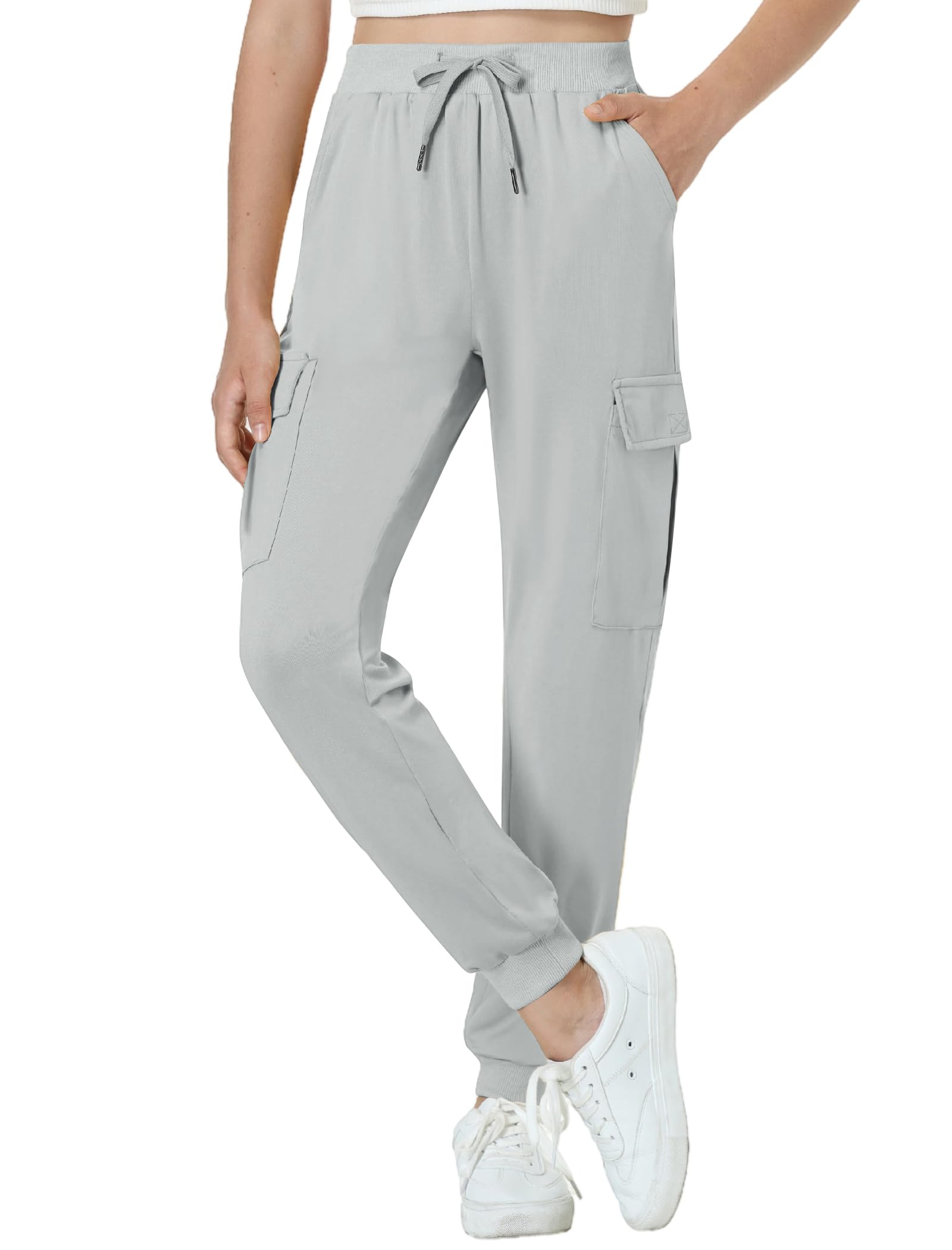 EXARUS Girls Joggers Kids Hiking Lightweight Cargo Pants Quick Dry Athletic Hip Hop Dance Jogger Flap Pockets Drawstring Tapered High Waist Youth Light Gray Knit 12Y
