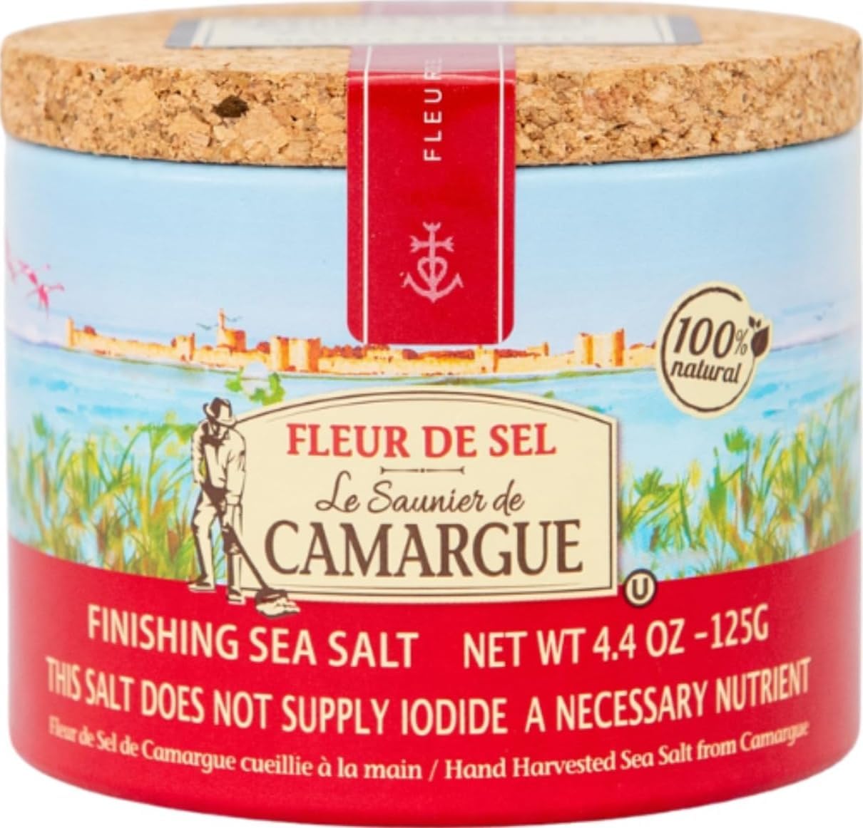 Le Saunier de Camargue Fleur de Sel – French Sea Salt Finishing Salt – Gourmet Hand-Harvested Flaky Salt in Resealable Cork-Topped Container – 125g