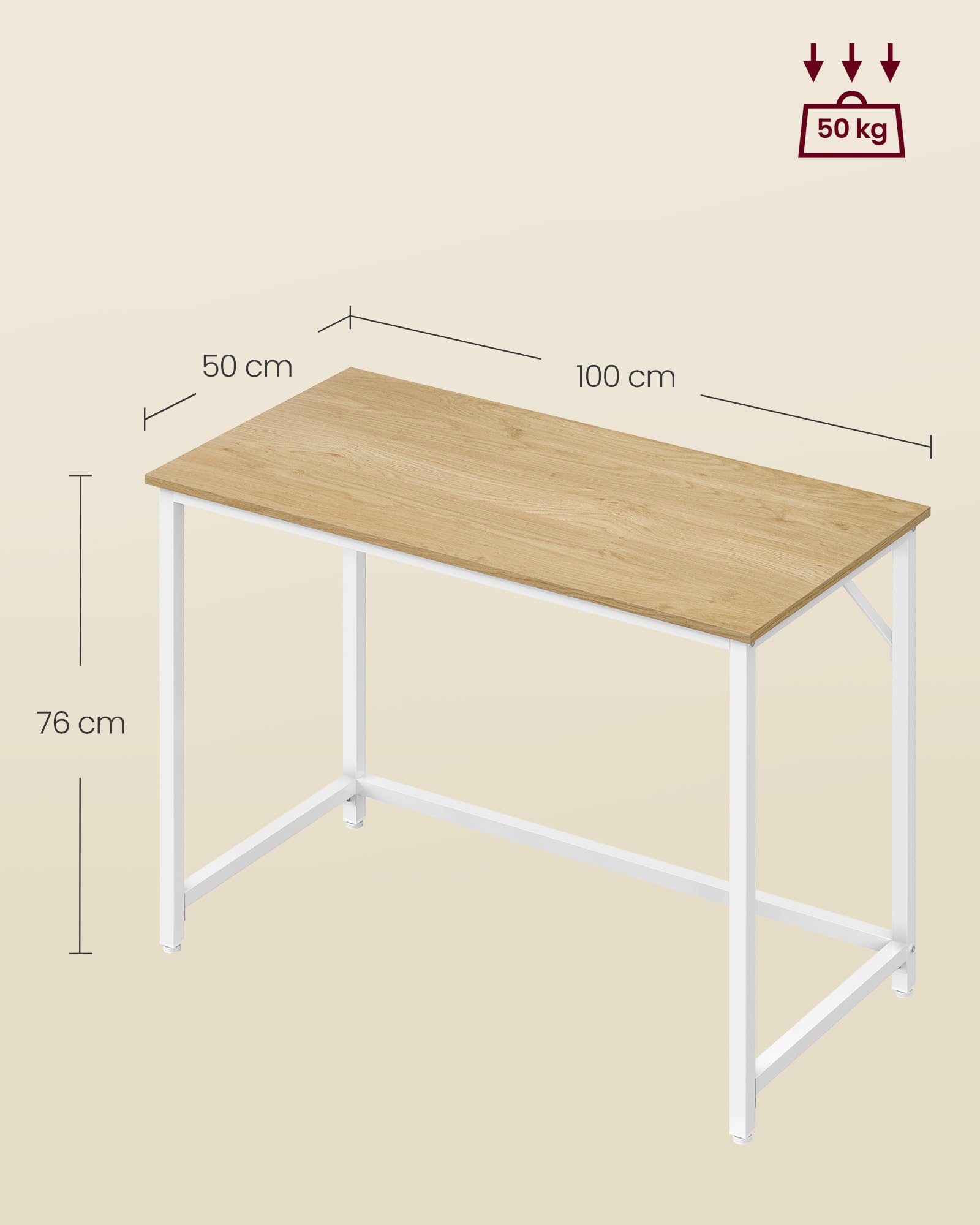 VASAGLE Tisch, Computertisch, Bürotisch, 100 x 50 x 76 cm, für Arbeitszimmer, Schlafzimmer, Wohnzimmer, natureichenfarben-perlweiß LWD041W70V2