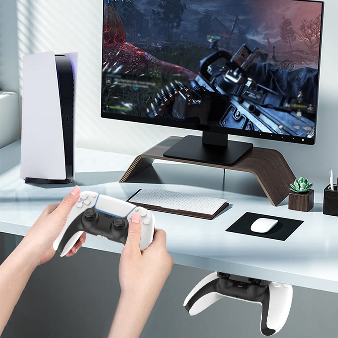 LEEQ Unterm Tisch Halterung für PS5 - Ständer für PS5 Controller, Horizontaler Tisch Halterung mit Klebeband für PS4, Tisch Aufbewahrung Under Desk Holder für PS4/PS5 Controller Zubehör（Schwarz）