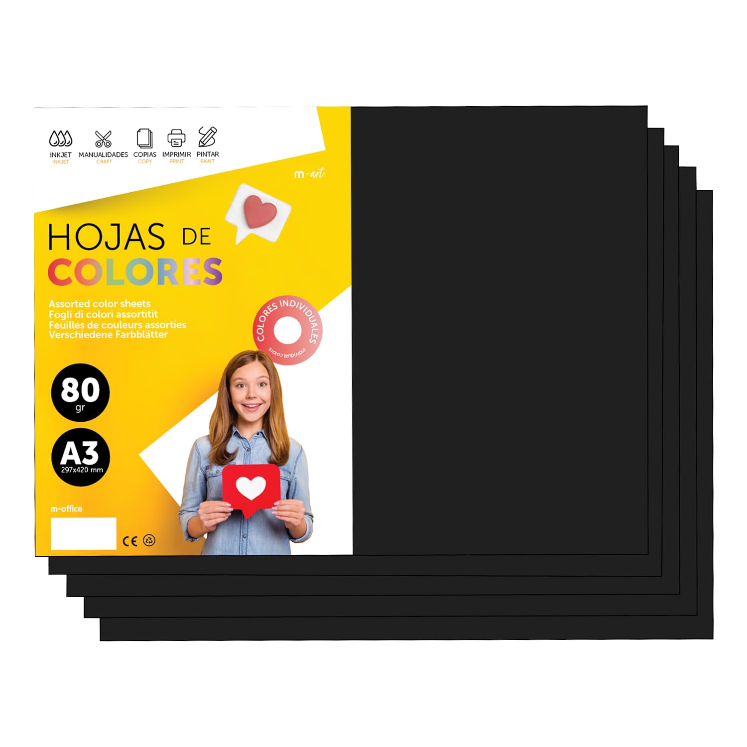 m-Office A3 80 g Coloured Paper for Printers and Crafts, Assorted Paper for Children, Pack of Colours for Cards, School and Creative Projects · m-Office (250h, Black) — image 1