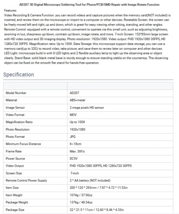 AD207 - Herramienta de soldadura de microscopio digital 3D para reparación de PCB/SMD con función ImageRotate