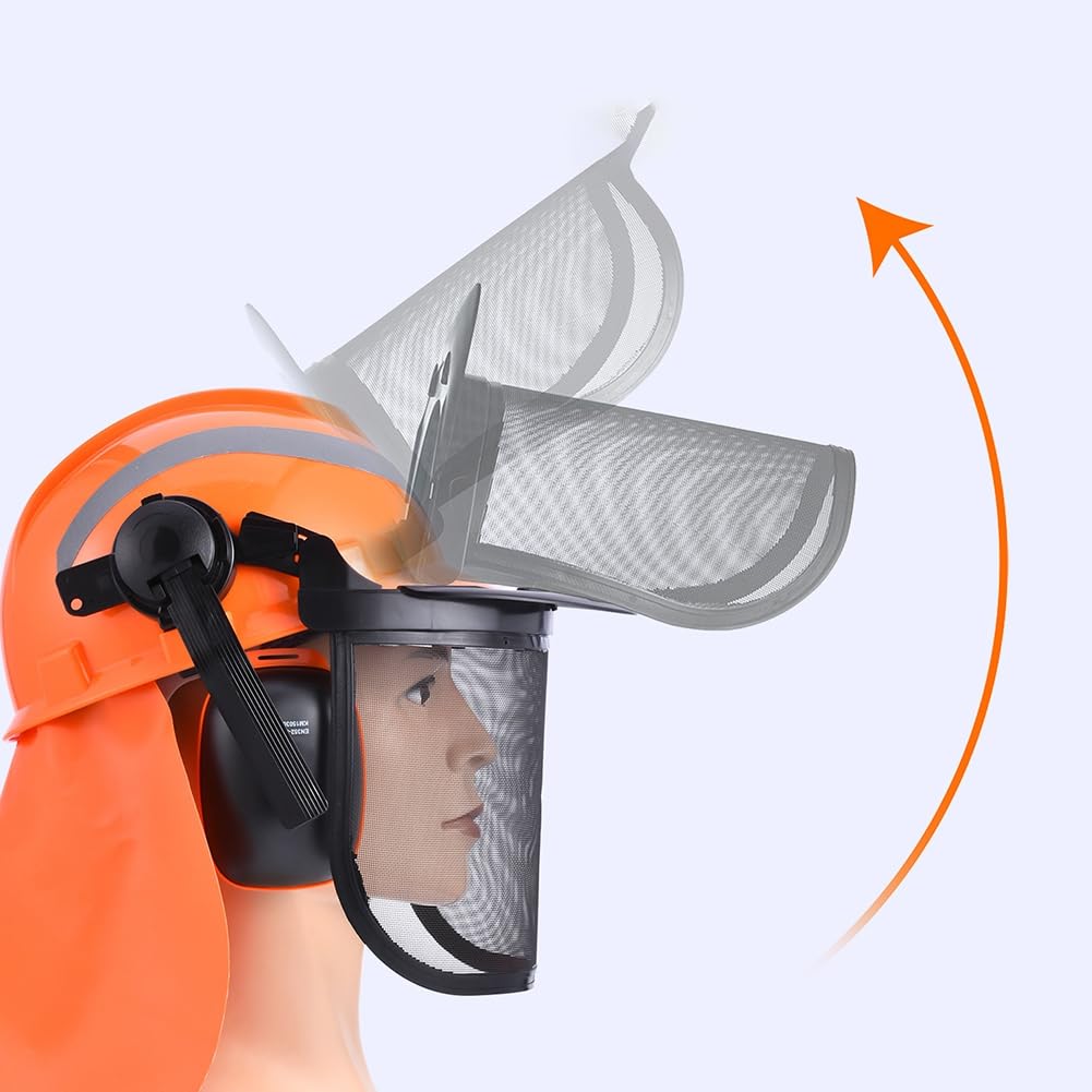 Industriale per Motosega con Rete per Le Orecchie e Visiera In Plastica Trasparente, Regolabile, per Lavori Forestali e di Arboricoltura.