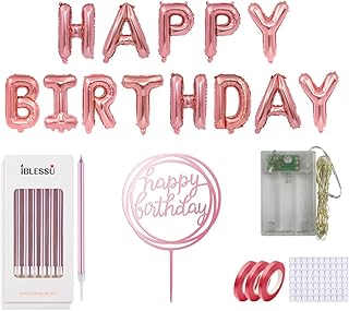 IBLESSU Rose Gold Birthday Candles - Rose Gold Happy Birthday Balloons & Mylar Foil Letters (3D Gold LED Lettering) and Happy Birthday Cake Topper Use for Birthday Party Decor