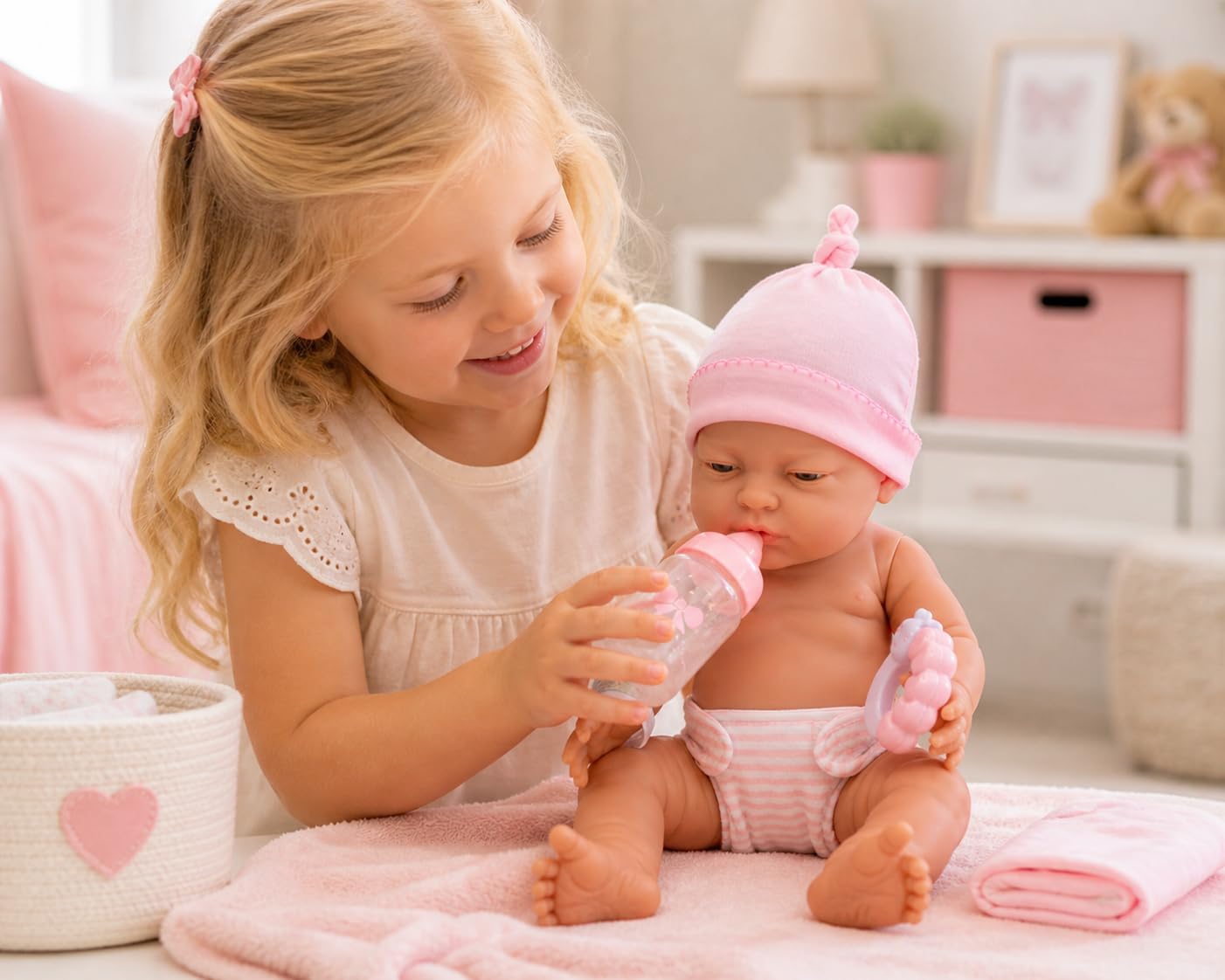 JC Toys 38,1 cm realistische Babypuppe für Neugeborene, hergestellt in Spanien, weicher Vinylkörper mit Zubehör, rosa gekleidet