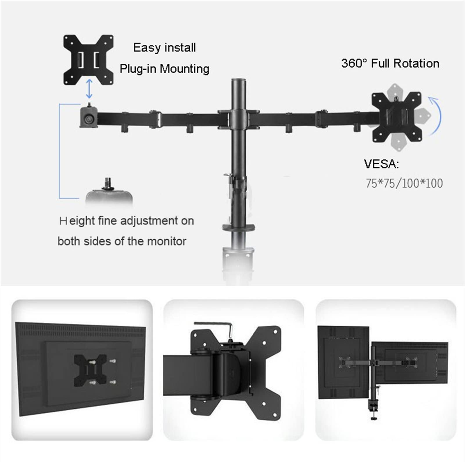 Support de bureau pour moniteur Support de bureau double for moniteurs LCD LED 10-27", bras doubles ergonomiques à mouvement complet, supporte jusqu'à 17,6 lb par bras, VESA 75 x 75/100 x 100 mm Suppo
